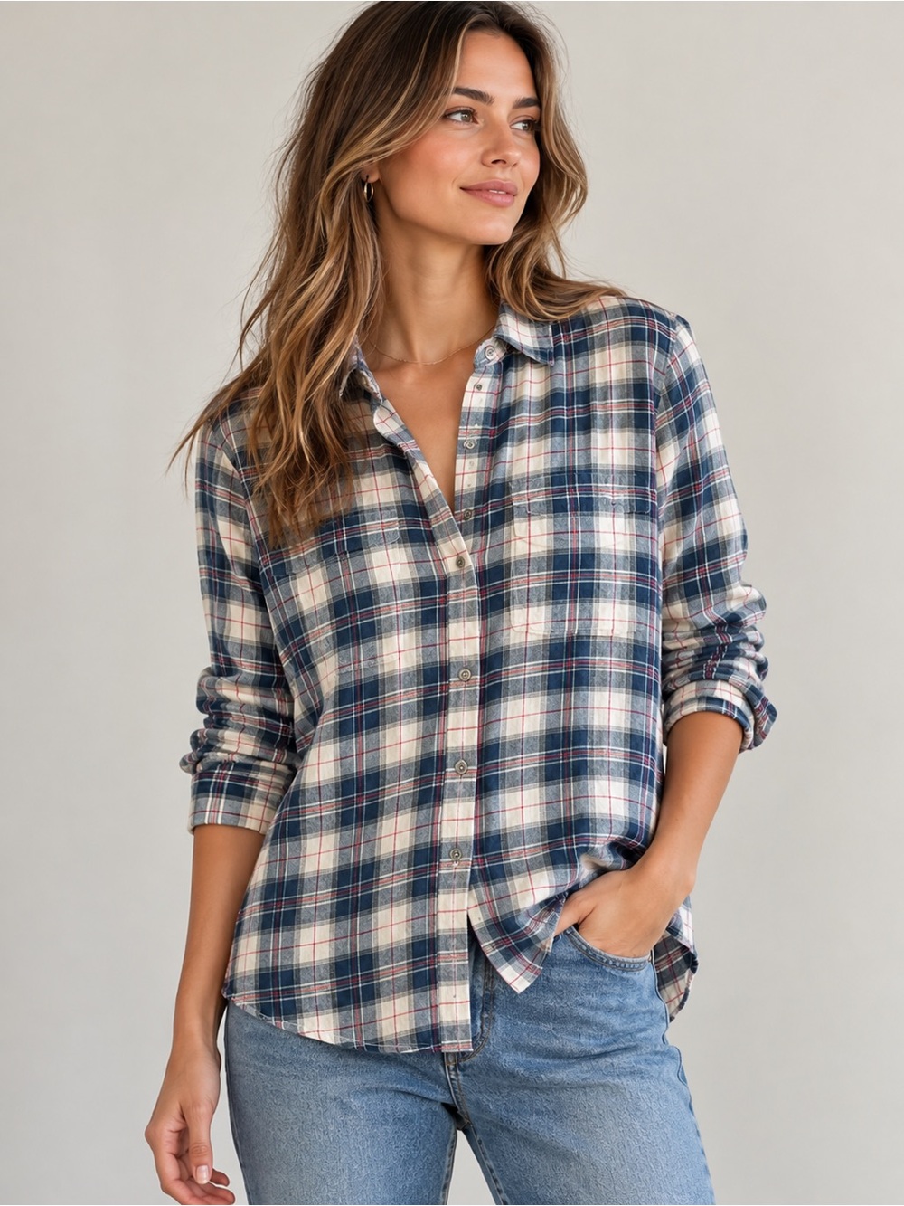 Caslon Blue Cream Plaid Button-Down Shirt Long Sleeve Size XS